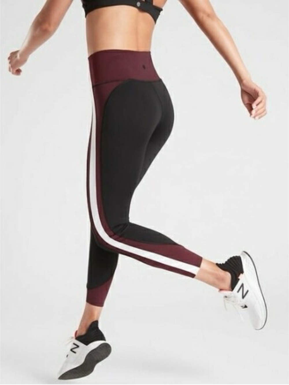 ATHLETA Crunch 7/8 Colorblock Tights Leggings Black Maroon White Stripe Size MP